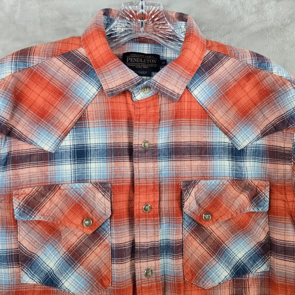 Pendleton flannel Western Shirt Mens Medium Orange Plaid Pearl Snap Cotton
